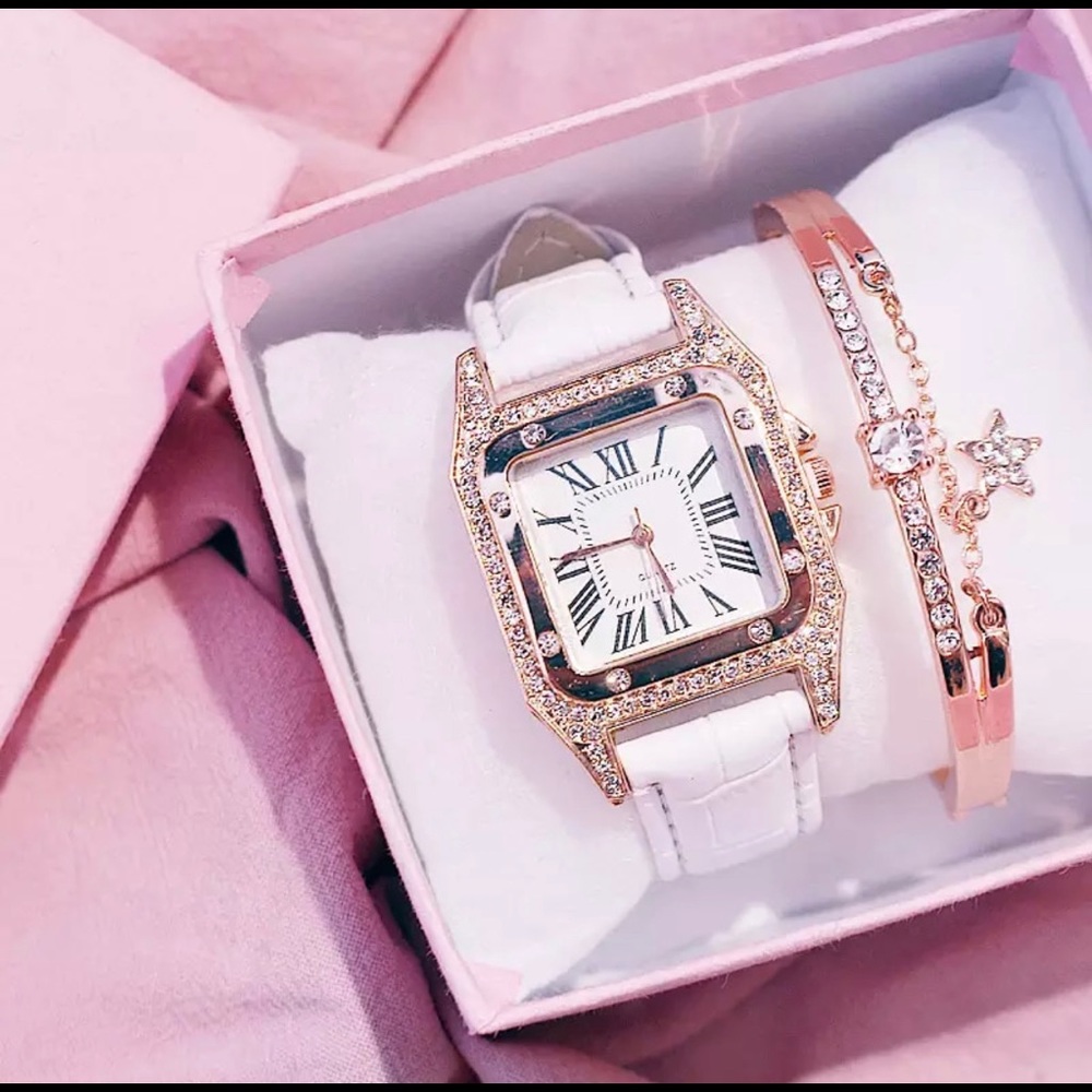 Women Diamond Watch Starry Square Dial Bracelet Watches Set Ladies Leather